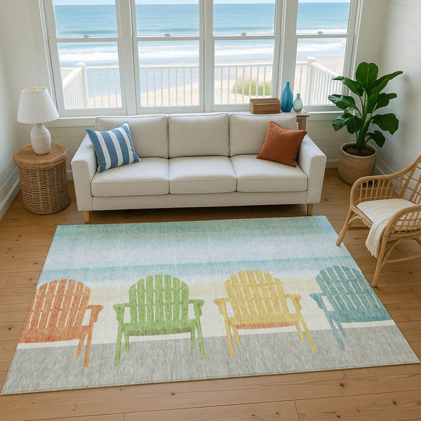 HomeRoots 5' X 8' Nautical Aqua Green & Orange Area Rug – Durable, Washable, UV Protected for Coastal Charm 645357