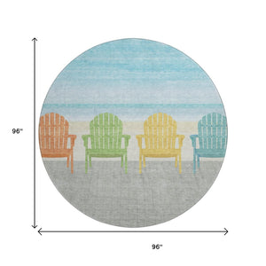 HomeRoots 8' Vibrant Aqua Green & Orange Nautical Round Rug - Washable, UV-Protected, Durable for High-Traffic Areas 645358