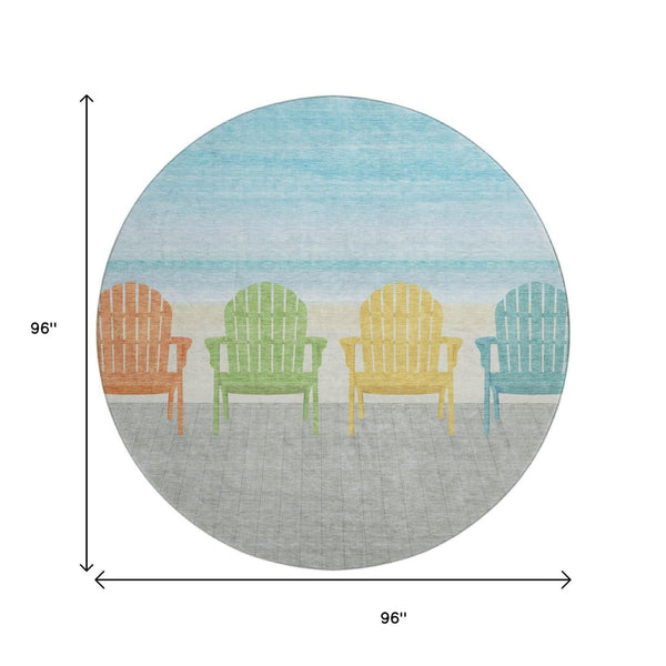 HomeRoots 8' Vibrant Aqua Green & Orange Nautical Round Rug - Washable, UV-Protected, Durable for High-Traffic Areas 645358