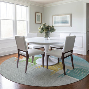 HomeRoots 8' Vibrant Aqua Green & Orange Nautical Round Rug - Washable, UV-Protected, Durable for High-Traffic Areas 645358