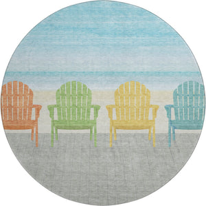 HomeRoots 8' Vibrant Aqua Green & Orange Nautical Round Rug - Washable, UV-Protected, Durable for High-Traffic Areas 645358