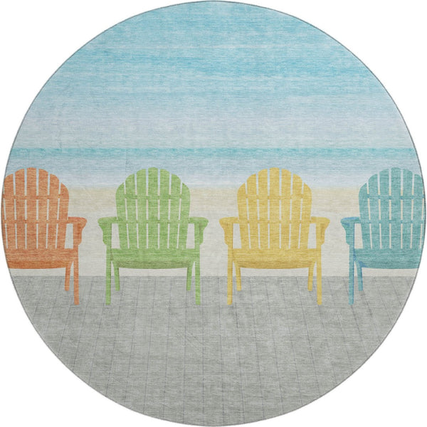 HomeRoots 8' Vibrant Aqua Green & Orange Nautical Round Rug - Washable, UV-Protected, Durable for High-Traffic Areas 645358