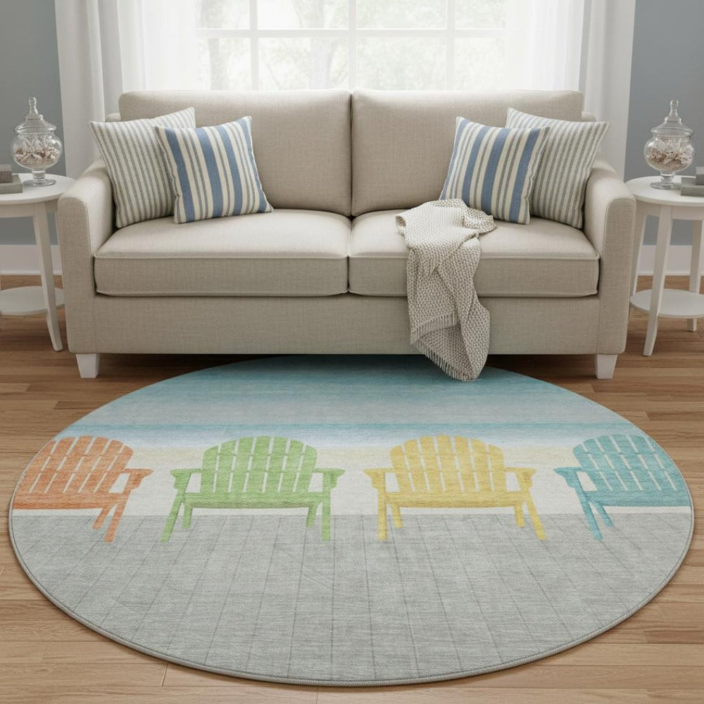 HomeRoots 8' Vibrant Aqua Green & Orange Nautical Round Rug - Washable, UV-Protected, Durable for High-Traffic Areas 645358