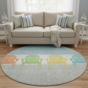 HomeRoots 8' Vibrant Aqua Green & Orange Nautical Round Rug - Washable, UV-Protected, Durable for High-Traffic Areas 645358