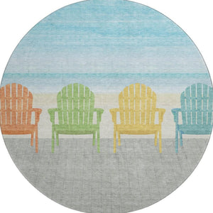 HomeRoots 8' Vibrant Aqua Green & Orange Nautical Round Rug - Washable, UV-Protected, Durable for High-Traffic Areas 645358