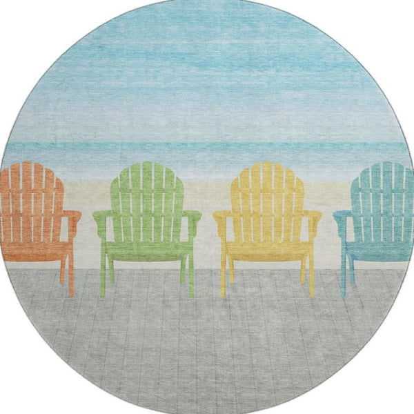 HomeRoots 8' Vibrant Aqua Green & Orange Nautical Round Rug - Washable, UV-Protected, Durable for High-Traffic Areas 645358