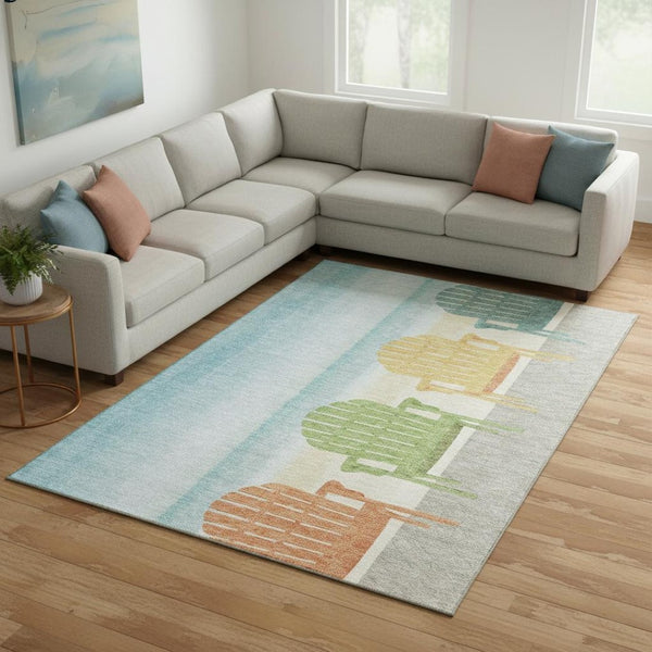 HomeRoots 9' X 12' Nautical Aqua Green & Orange Washable Area Rug - UV Protected, Stain Resistant, Easy Care! 645360