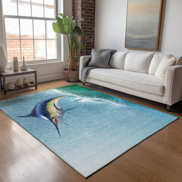 HomeRoots 5' X 8' Coastal Charm Caribbean Blue Area Rug - Washable, UV-Protected & Stain-Resistant Design 645363