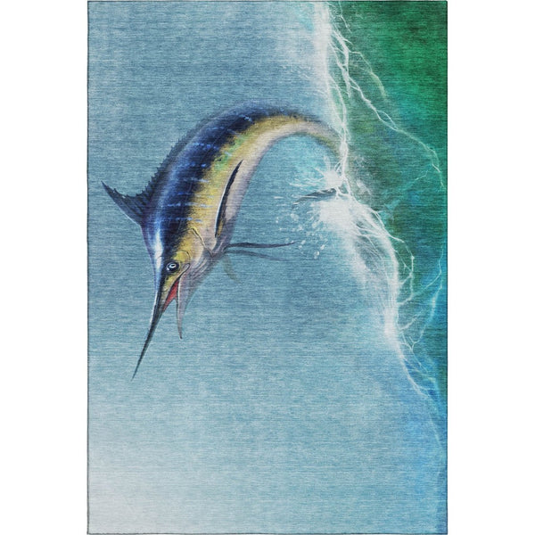HomeRoots 5' X 8' Coastal Charm Caribbean Blue Area Rug - Washable, UV-Protected & Stain-Resistant Design 645363