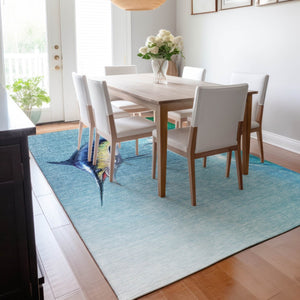 HomeRoots 5' X 8' Coastal Charm Caribbean Blue Area Rug - Washable, UV-Protected & Stain-Resistant Design 645363