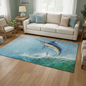 HomeRoots 5' X 8' Coastal Charm Caribbean Blue Area Rug - Washable, UV-Protected & Stain-Resistant Design 645363