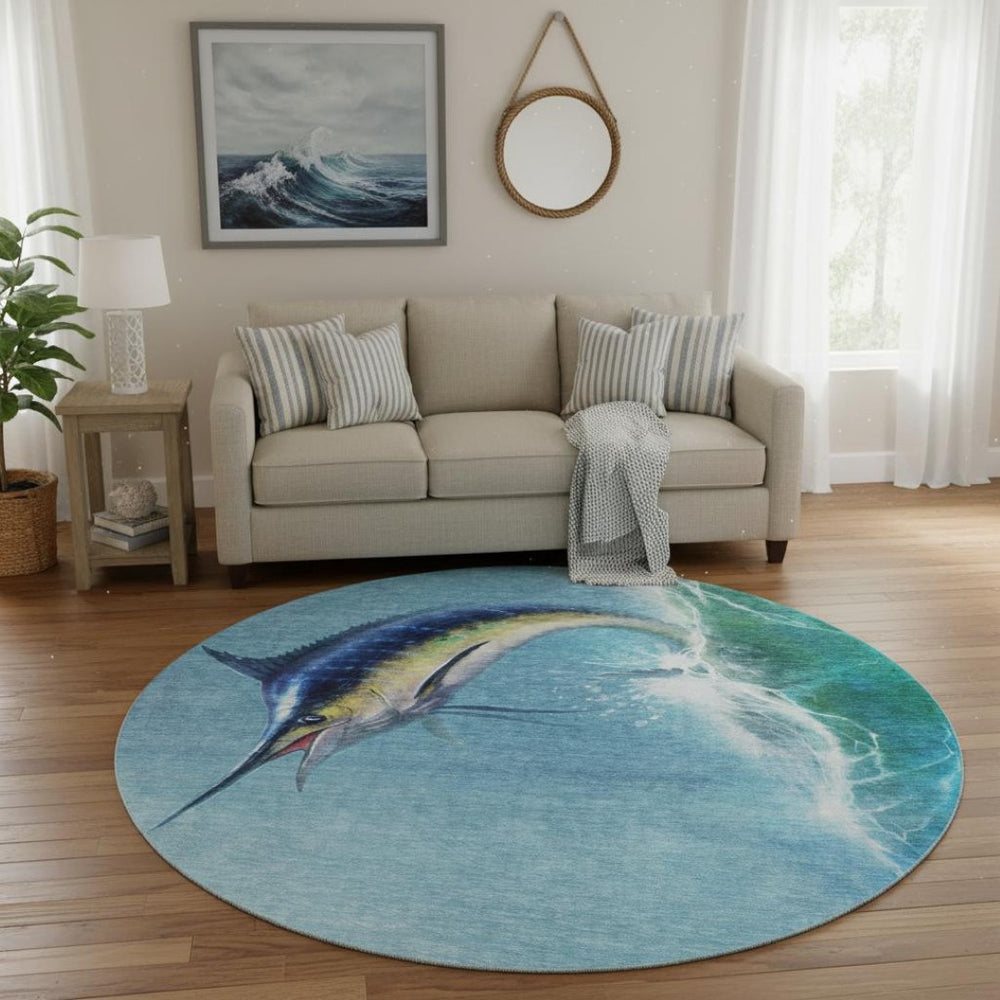 HomeRoots 8' Caribbean Blue Nautical Round Rug – Washable, Stain-Resistant, UV-Protected for Coastal Charm 645364