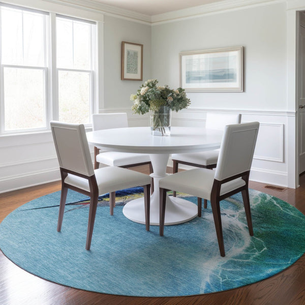 HomeRoots 8' Caribbean Blue Nautical Round Rug – Washable, Stain-Resistant, UV-Protected for Coastal Charm 645364
