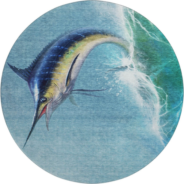 HomeRoots 8' Caribbean Blue Nautical Round Rug – Washable, Stain-Resistant, UV-Protected for Coastal Charm 645364