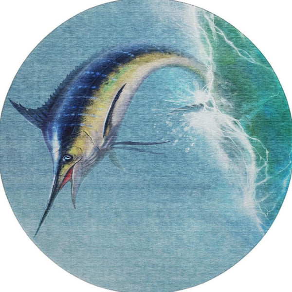 HomeRoots 8' Caribbean Blue Nautical Round Rug – Washable, Stain-Resistant, UV-Protected for Coastal Charm 645364