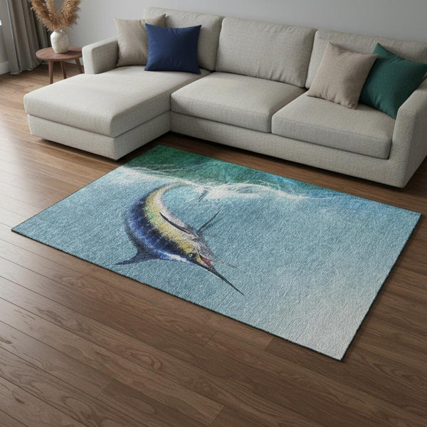 HomeRoots 8' X 10' Caribbean Blue Nautical Area Rug - Washable, UV-Protected, Durable, Perfect for Any Space! 645365