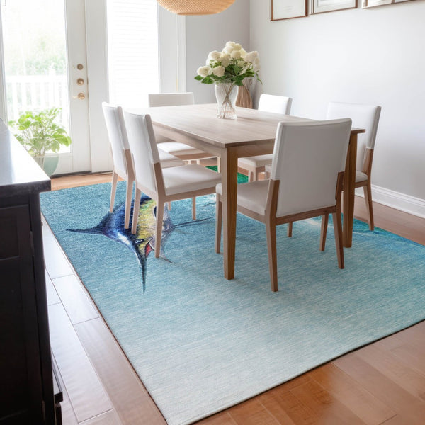 HomeRoots 8' X 10' Caribbean Blue Nautical Area Rug - Washable, UV-Protected, Durable, Perfect for Any Space! 645365
