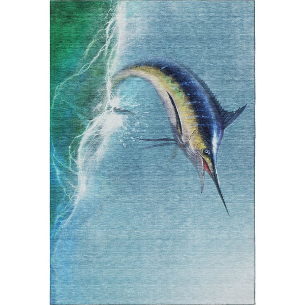 HomeRoots 8' X 10' Caribbean Blue Nautical Area Rug - Washable, UV-Protected, Durable, Perfect for Any Space! 645365