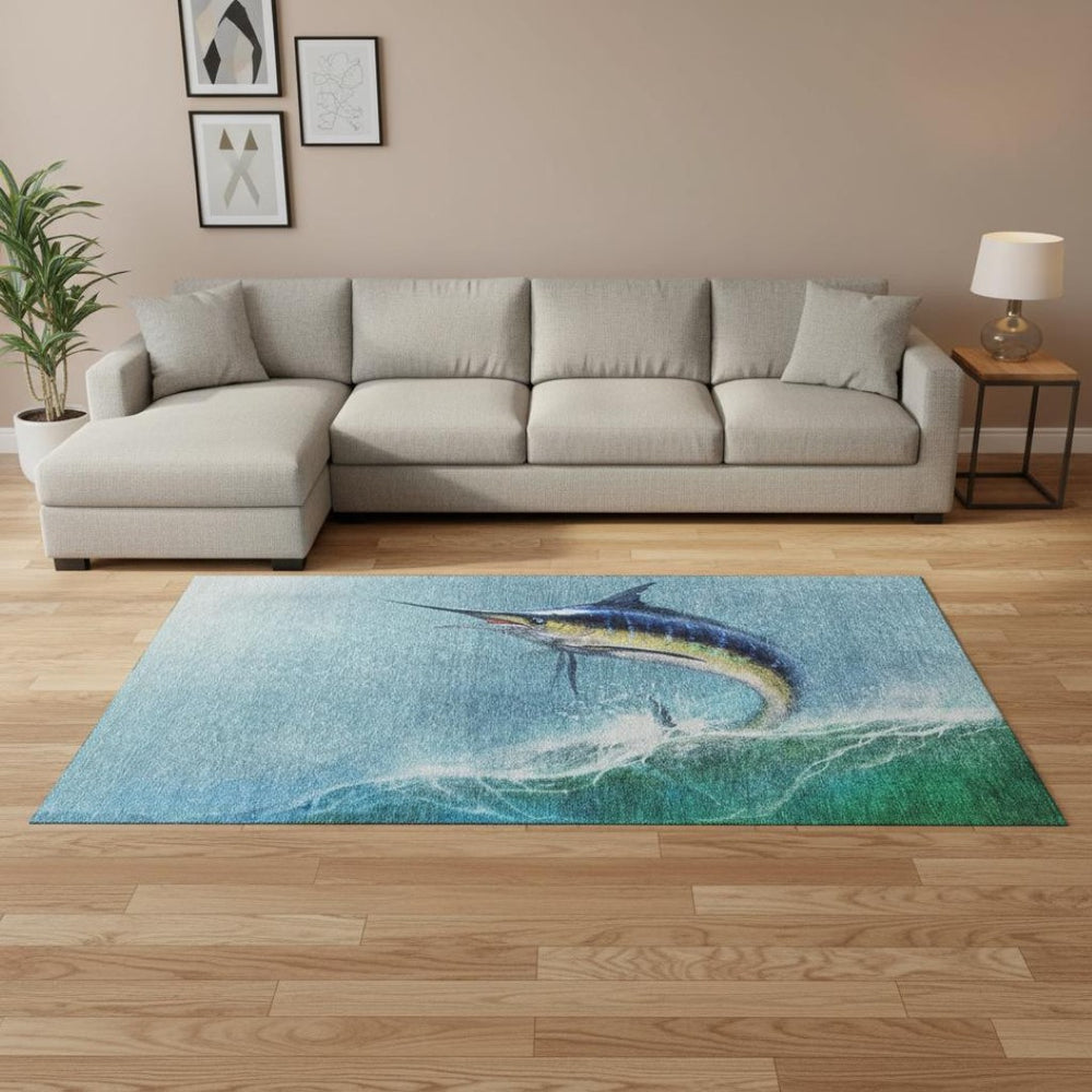 HomeRoots 9' x 12' Coastal-Inspired Washable Area Rug in Caribbean Blue & Beige with UV Protection & Stain Resistance 645366