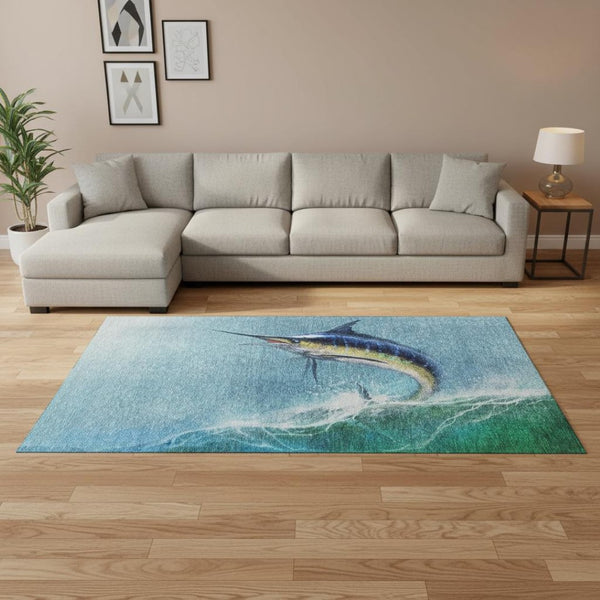 HomeRoots 9' x 12' Coastal-Inspired Washable Area Rug in Caribbean Blue & Beige with UV Protection & Stain Resistance 645366