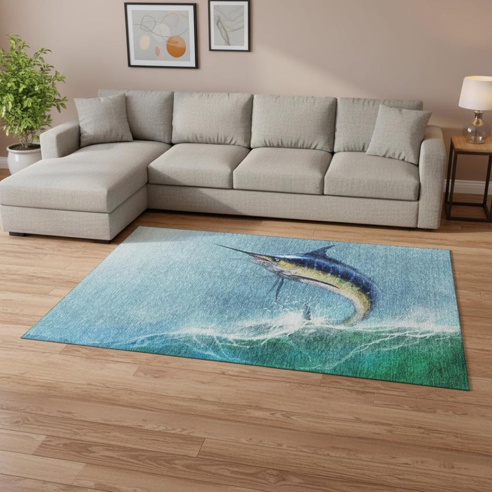 HomeRoots 10' X 14' Coastal Charm Area Rug in Caribbean Blue & Beige - Durable, Washable, UV Protected Design 645367