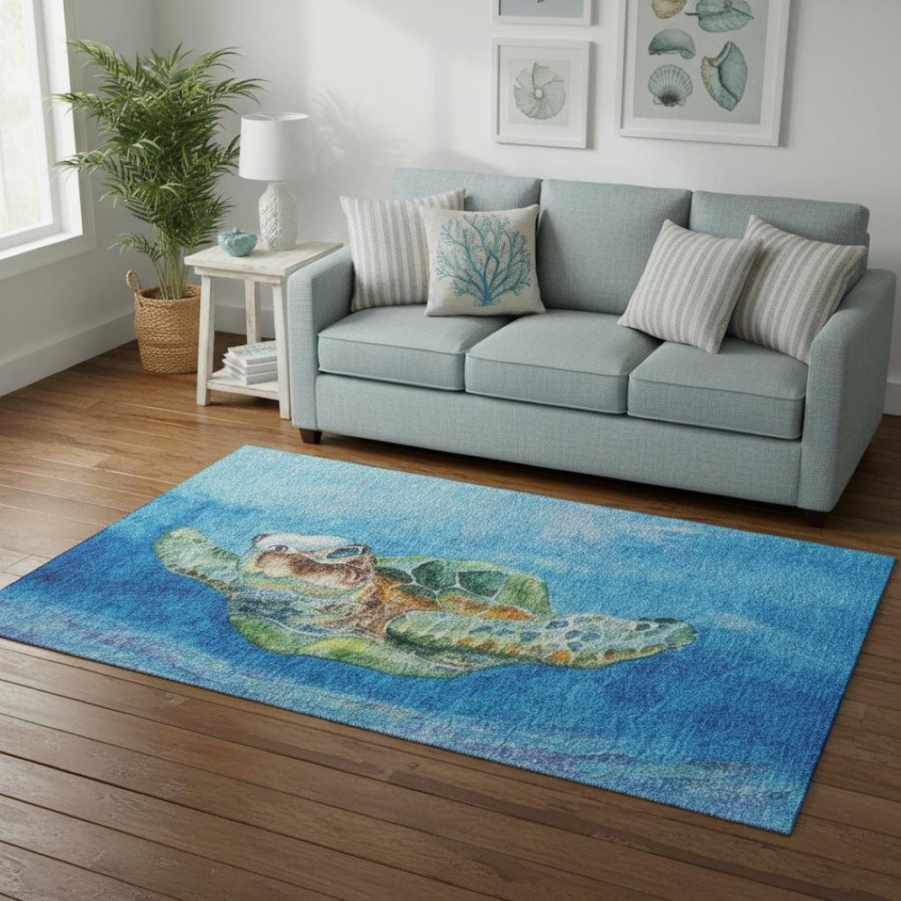 HomeRoots 5' X 8' Nautical Area Rug in Pacific Blue, Emerald & Beige – Washable, UV Protected & Stain Resistant! 645369