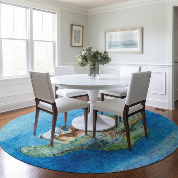 HomeRoots 8' Pacific Blue Nautical Round Rug - Washable, UV Protected, Stain Resistant - Coastal Charm for Homes 645370