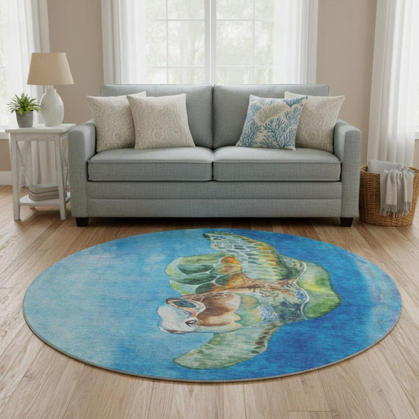 HomeRoots 8' Pacific Blue Nautical Round Rug - Washable, UV Protected, Stain Resistant - Coastal Charm for Homes 645370