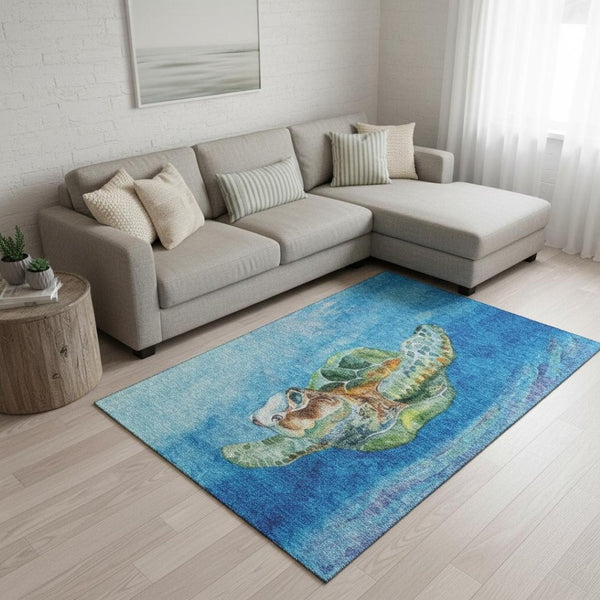 HomeRoots 8' X 10' Pacific Blue Nautical Area Rug - Washable, Stain Resistant, UV Protected for Coastal Charm 645371