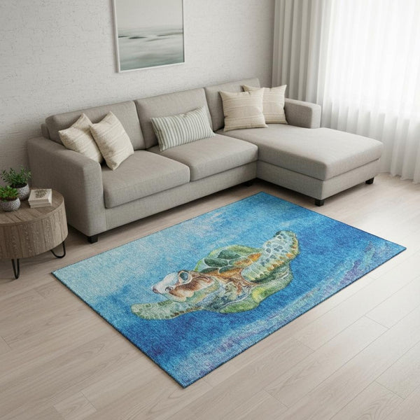 HomeRoots 9' X 12' Durable Pacific Blue Nautical Area Rug with UV Protection, Washable for High-Traffic Spaces 645372