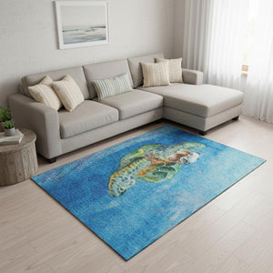 HomeRoots 10' Nautical Washable Area Rug in Pacific Blue, Emerald & Beige - UV Protection, Stylish & Durable 645373