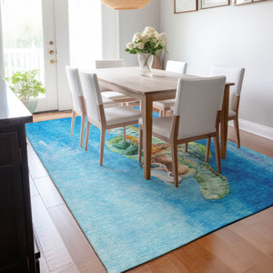 HomeRoots 10' Nautical Washable Area Rug in Pacific Blue, Emerald & Beige - UV Protection, Stylish & Durable 645373