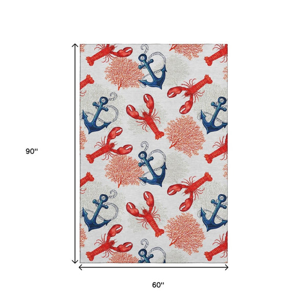HomeRoots 5' X 8' Nautical Area Rug in Ivory, Red & Blue - Washable, UV Protected, Stain Resistant, Durable Design 645375