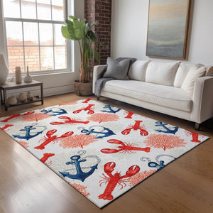 HomeRoots 5' X 8' Nautical Area Rug in Ivory, Red & Blue - Washable, UV Protected, Stain Resistant, Durable Design 645375