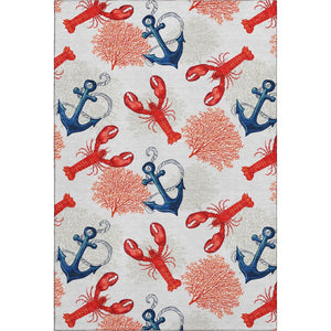 HomeRoots 5' X 8' Nautical Area Rug in Ivory, Red & Blue - Washable, UV Protected, Stain Resistant, Durable Design 645375