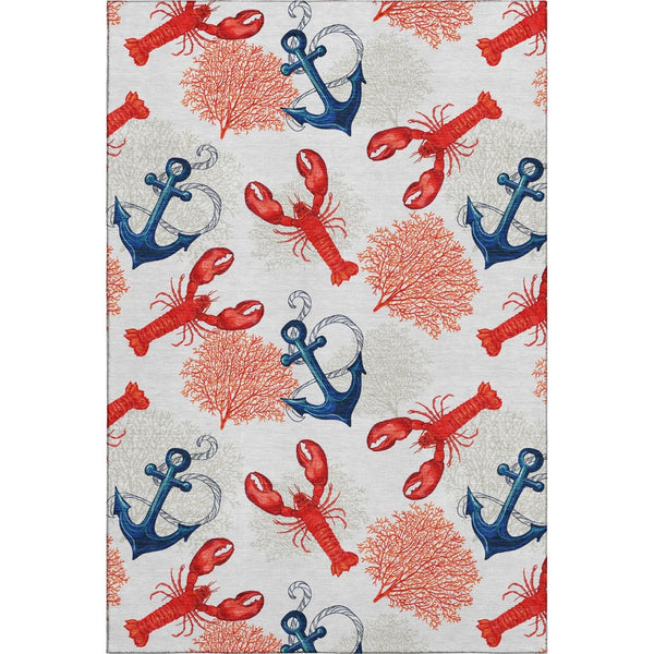 HomeRoots 5' X 8' Nautical Area Rug in Ivory, Red & Blue - Washable, UV Protected, Stain Resistant, Durable Design 645375