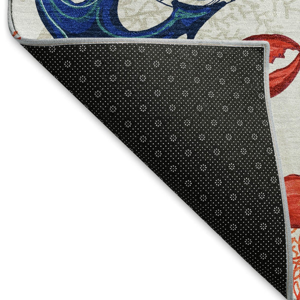 HomeRoots 5' X 8' Nautical Area Rug in Ivory, Red & Blue - Washable, UV Protected, Stain Resistant, Durable Design 645375