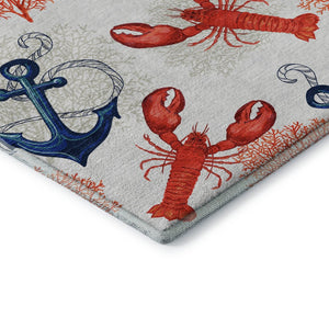 HomeRoots 5' X 8' Nautical Area Rug in Ivory, Red & Blue - Washable, UV Protected, Stain Resistant, Durable Design 645375