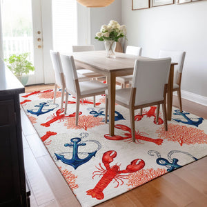 HomeRoots 5' X 8' Nautical Area Rug in Ivory, Red & Blue - Washable, UV Protected, Stain Resistant, Durable Design 645375