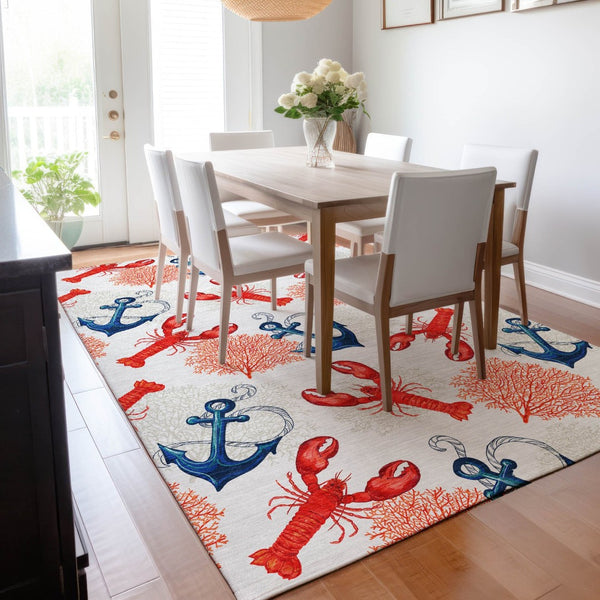 HomeRoots 5' X 8' Nautical Area Rug in Ivory, Red & Blue - Washable, UV Protected, Stain Resistant, Durable Design 645375