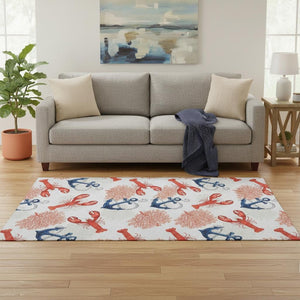 HomeRoots 5' X 8' Nautical Area Rug in Ivory, Red & Blue - Washable, UV Protected, Stain Resistant, Durable Design 645375