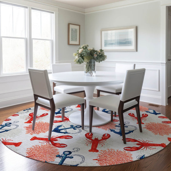 HomeRoots 8' Nautical Round Rug in Ivory, Red & Blue - Washable, UV Protected, Durable for High Traffic Areas! 645376