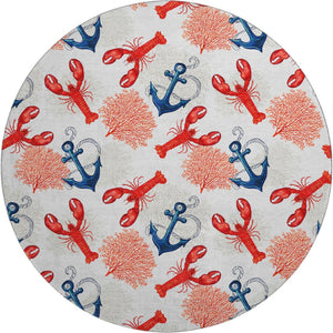 HomeRoots 8' Nautical Round Rug in Ivory, Red & Blue - Washable, UV Protected, Durable for High Traffic Areas! 645376