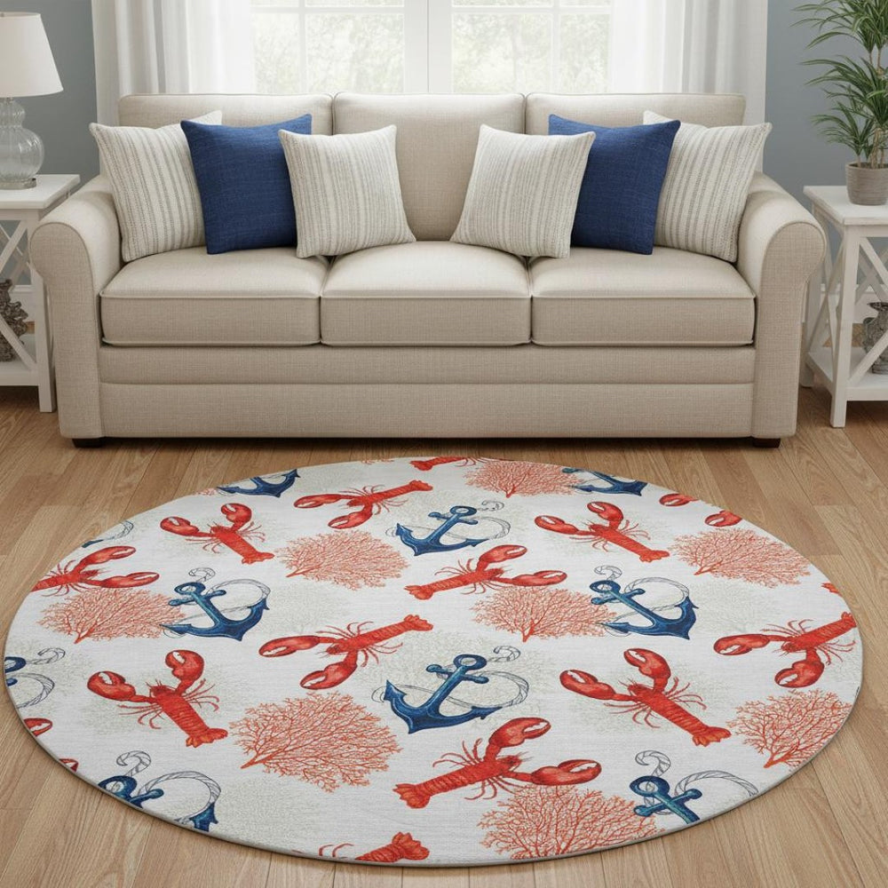 HomeRoots 8' Nautical Round Rug in Ivory, Red & Blue - Washable, UV Protected, Durable for High Traffic Areas! 645376