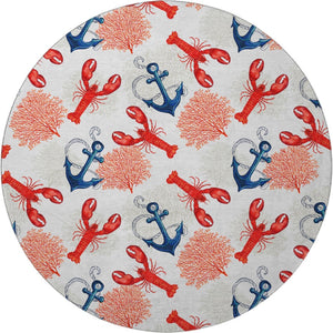 HomeRoots 8' Nautical Round Rug in Ivory, Red & Blue - Washable, UV Protected, Durable for High Traffic Areas! 645376