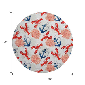 HomeRoots 8' Nautical Round Rug in Ivory, Red & Blue - Washable, UV Protected, Durable for High Traffic Areas! 645376