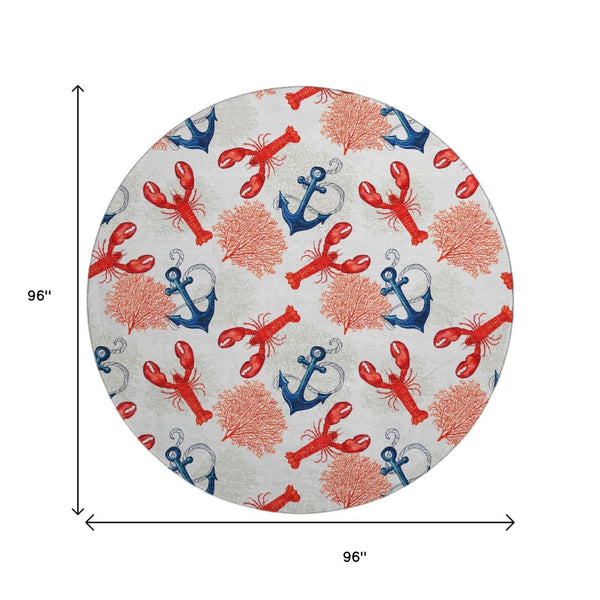 HomeRoots 8' Nautical Round Rug in Ivory, Red & Blue - Washable, UV Protected, Durable for High Traffic Areas! 645376