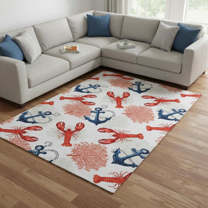HomeRoots 8' X 10' Nautical Washable Area Rug in Ivory, Red & Blue - UV Protected, Durable & Easy Care! 645377