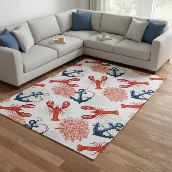 HomeRoots 8' X 10' Nautical Washable Area Rug in Ivory, Red & Blue - UV Protected, Durable & Easy Care! 645377