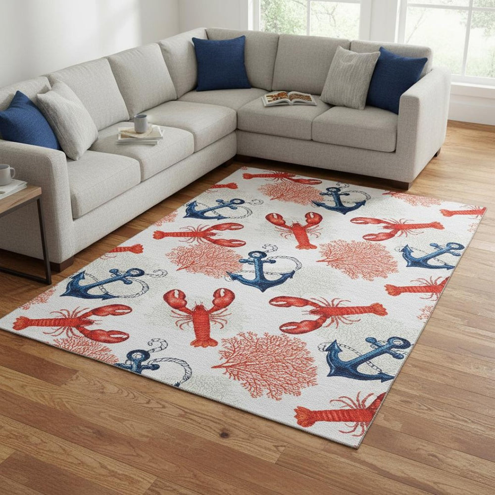 HomeRoots 9' X 12' Coastal Area Rug in Ivory, Red & Blue - Washable, UV Protected, Durable for Busy Homes 645378